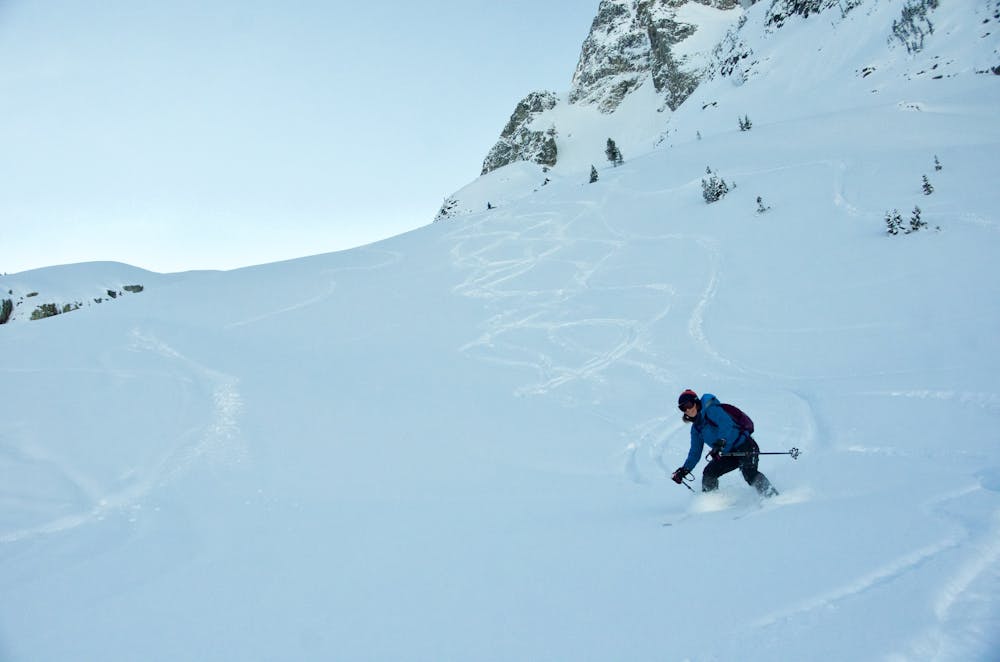 Skiing down the north side of the ridge