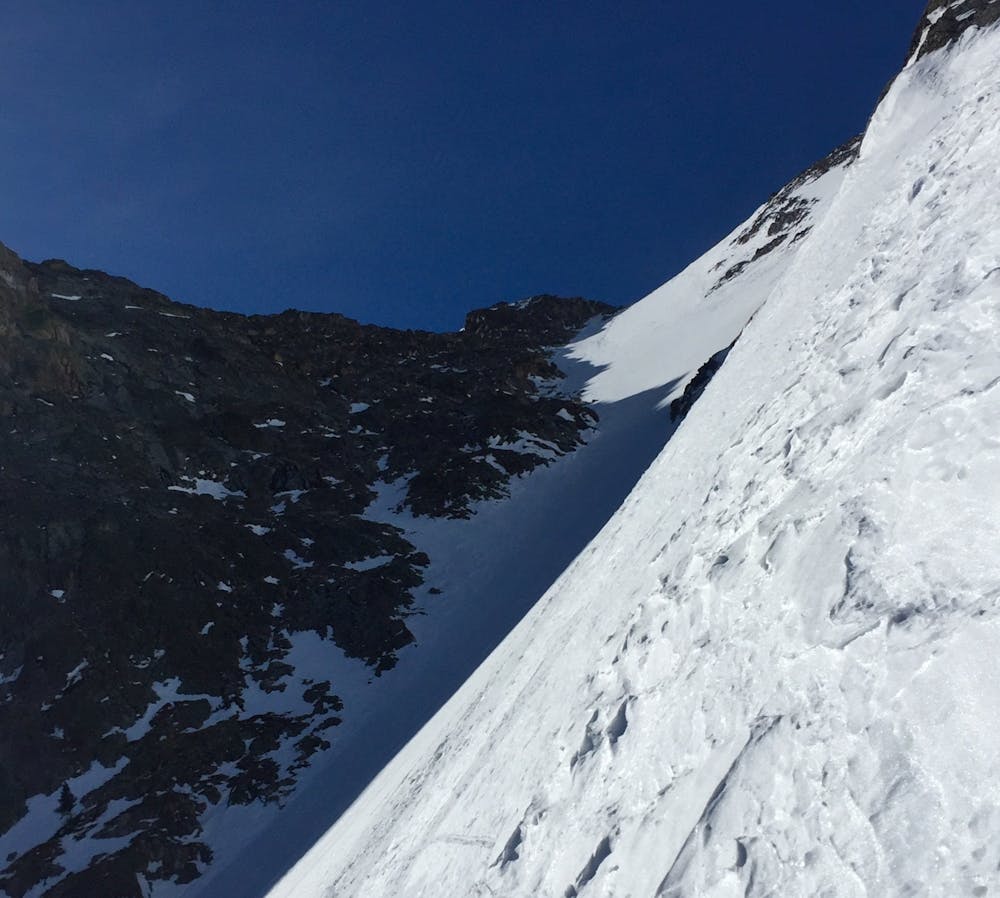 Some parts of the couloir get steep but this section can be avoided by sticking to the skiers right side of the couloir.