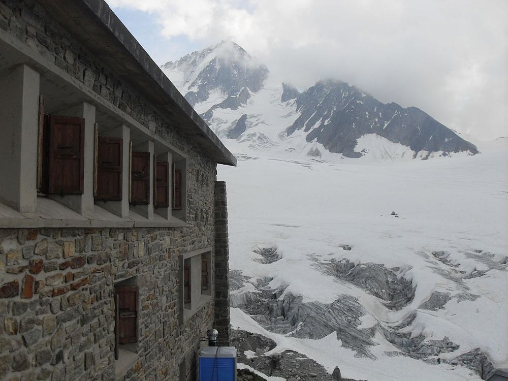Albert Premier Hut with glacier in background