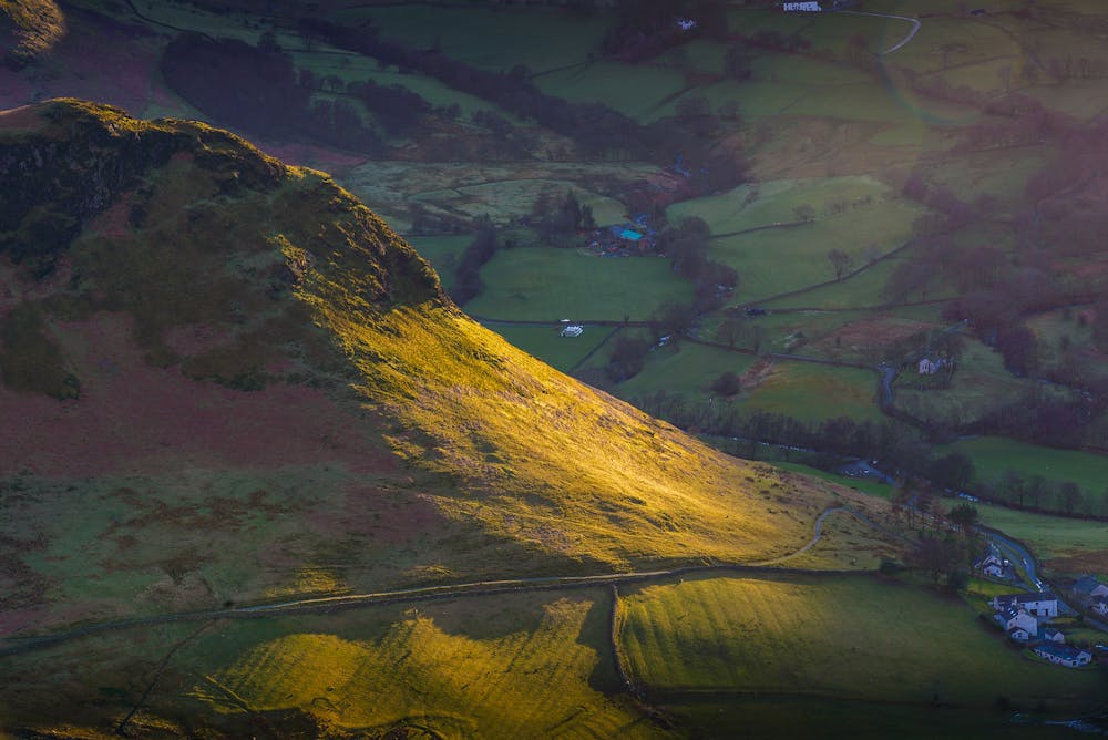 Sunset light hits the Eastern end of Causey Pike, as seen from the summit of Catbells