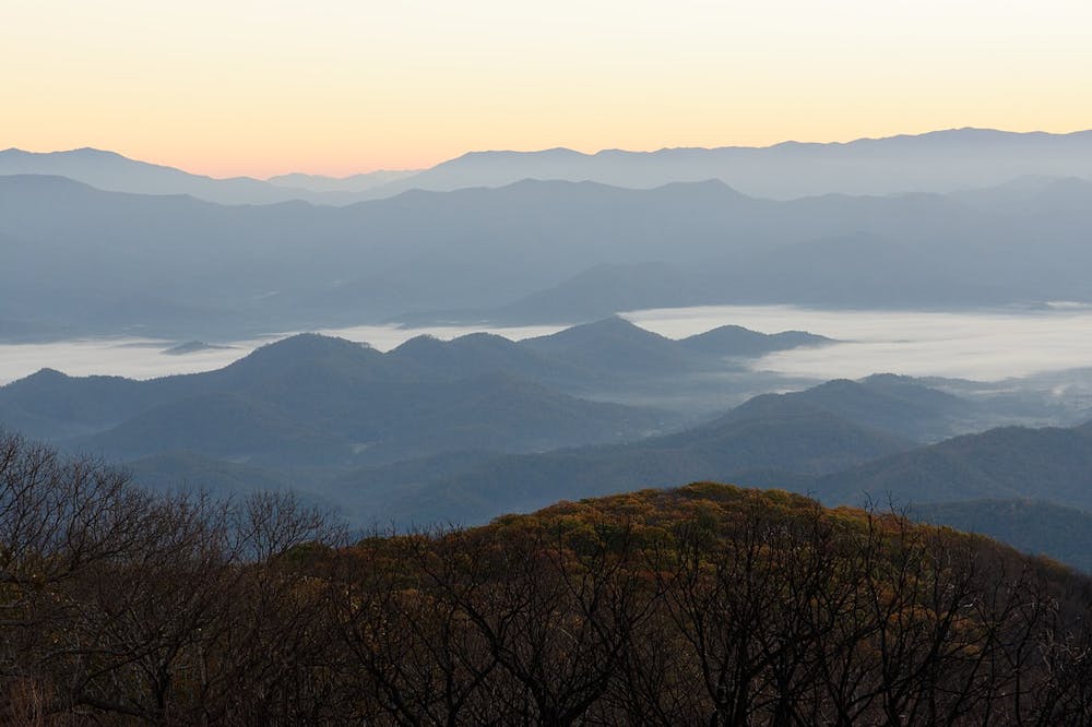 View to the east before sunrise at Wayah Bald, North Carolina, US