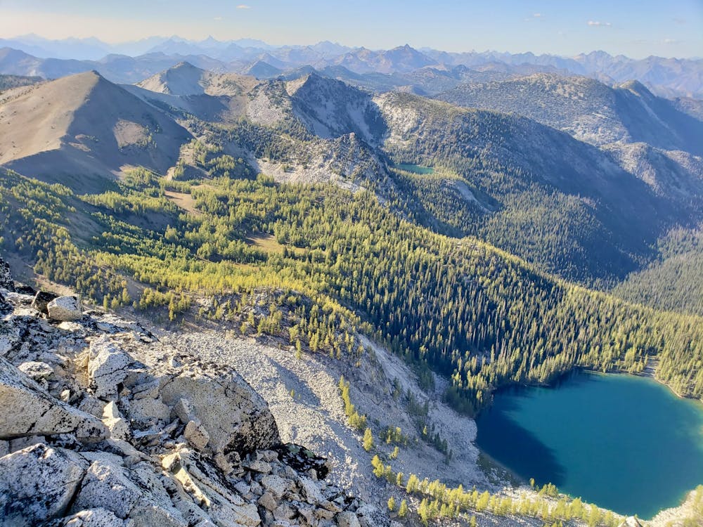 The view across the Oval Lakes from the summit of Courtney Peak