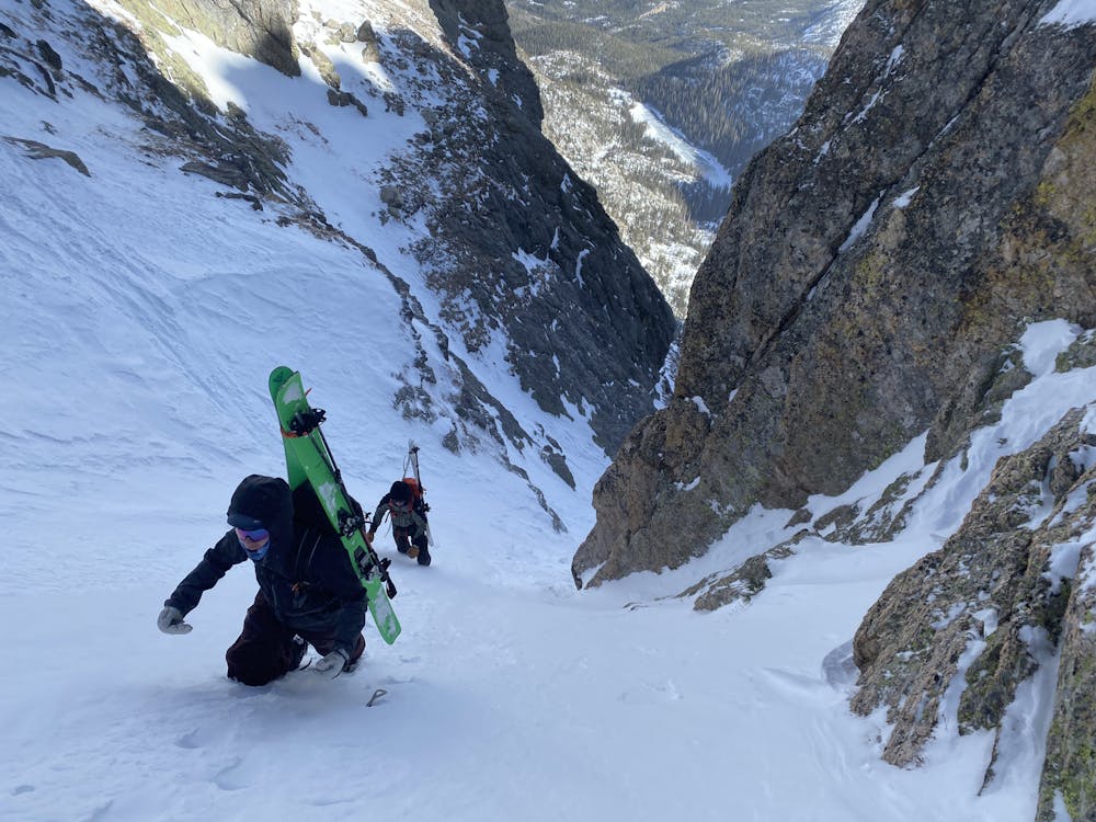 Climbing the upper section of the couloir.