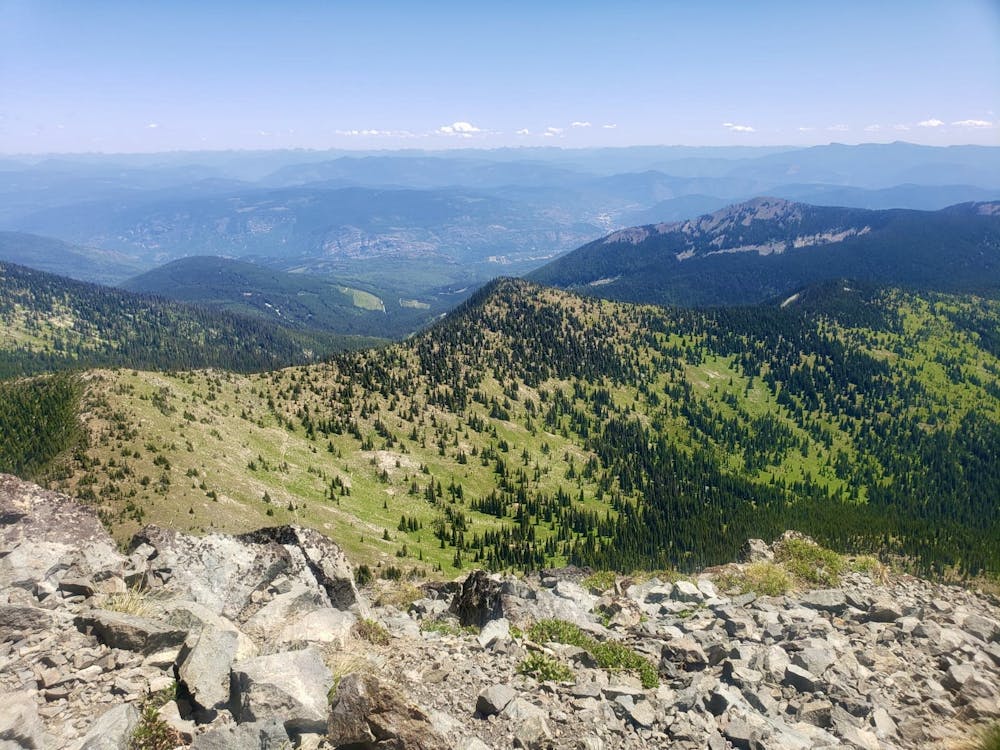 Looking towards Rossland and Trail from the summit - much of the ascent route and the Seven Summits bike ride is visible in the foreground