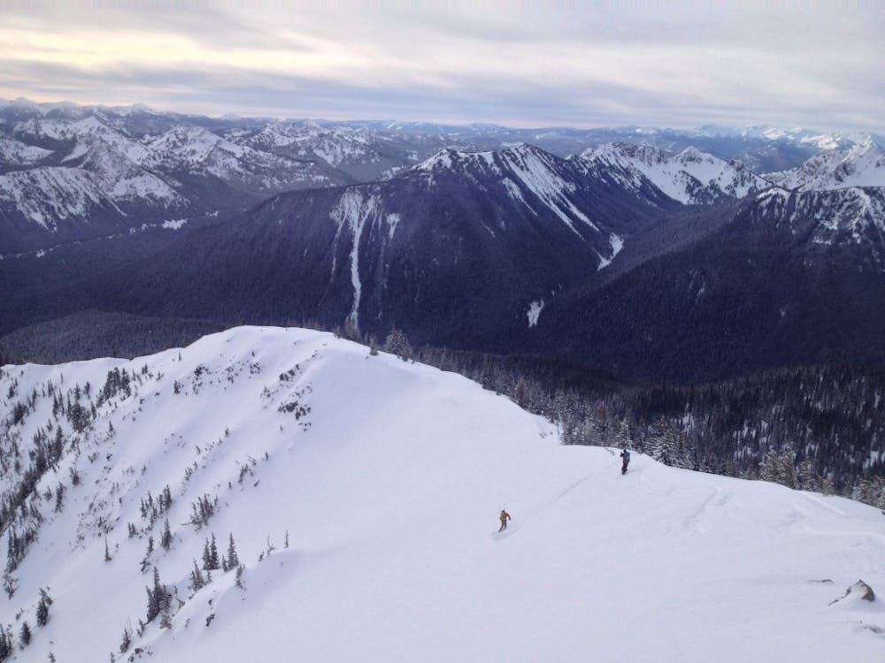 Snowboarding down Dege Peak