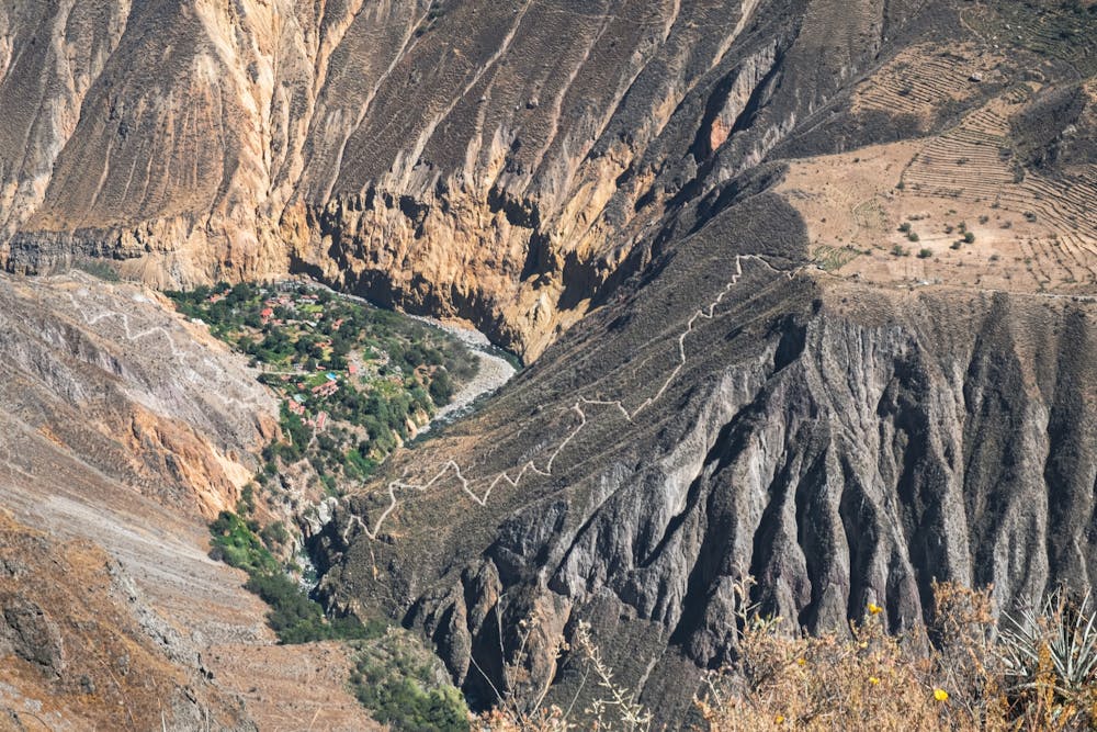 Looking down at Oasis de Sangalle in the Colca Canyon