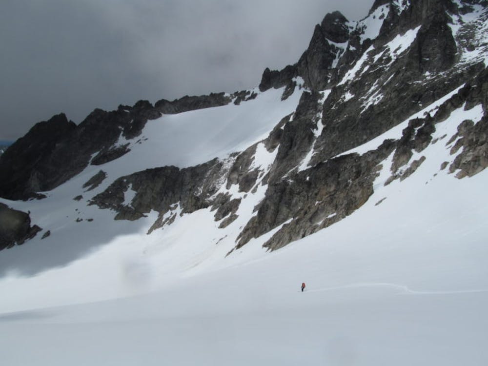 Skiing down to the Southeast Basin of Isolation Peak