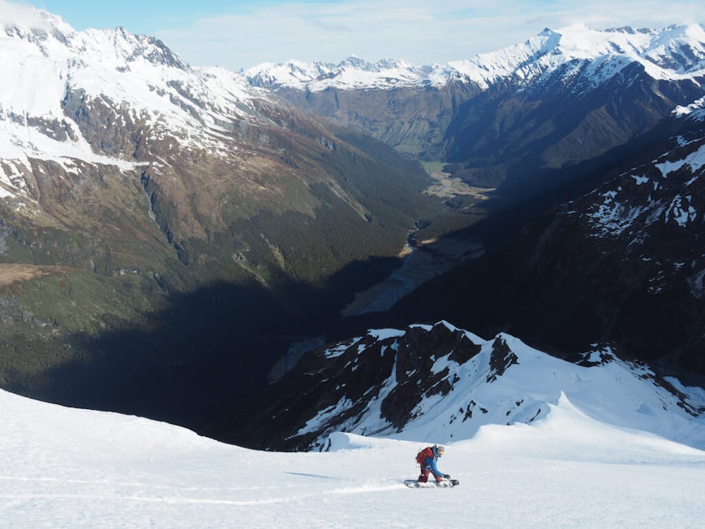 Snowboarding down Mount Barff