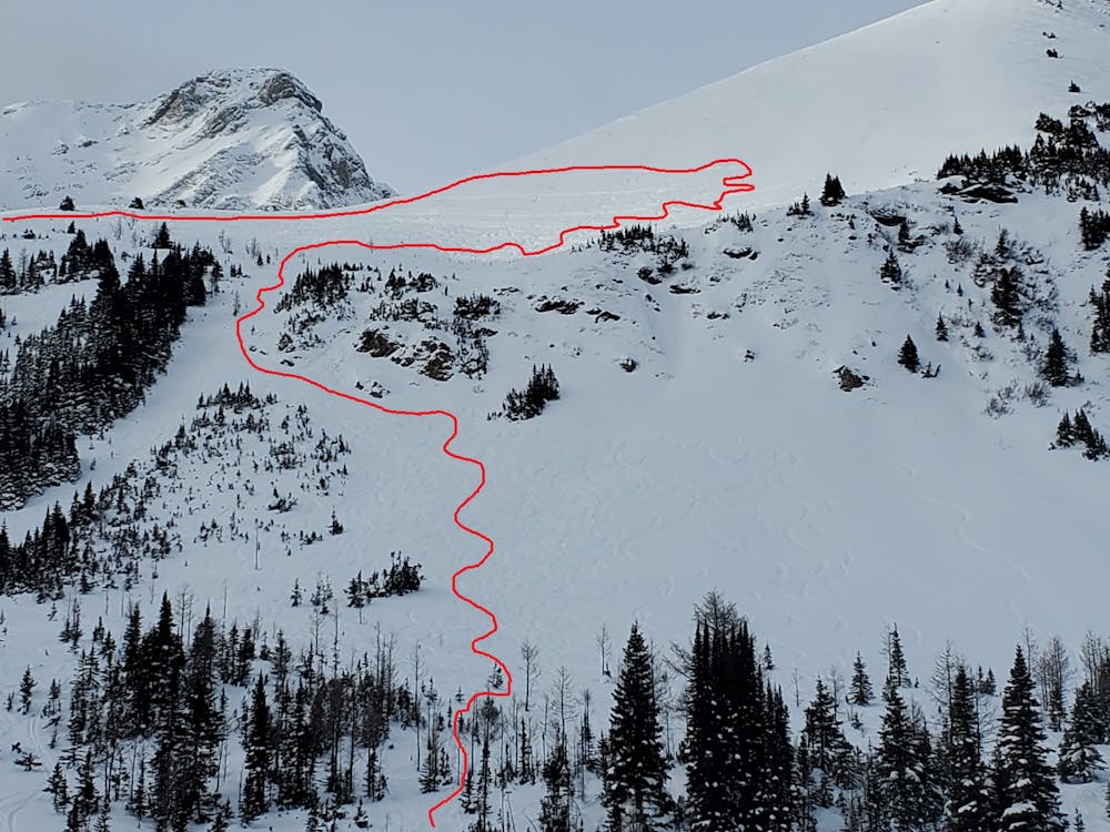 Ski Route , in red, off south side of Pocaterra Ridge