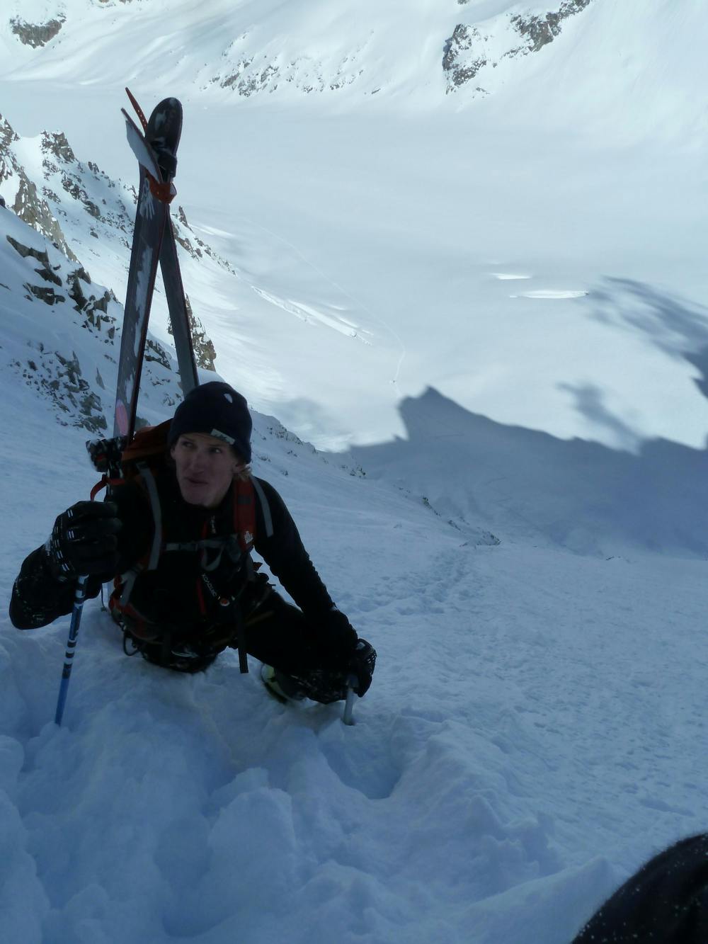 Freeride World Tour champion Drew Tabke pauses for a moment near the top. 