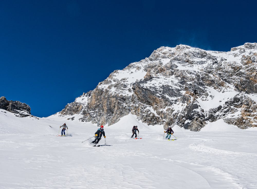 Our group skiing down the Col Pale Rosse towards rifugio Oizzini