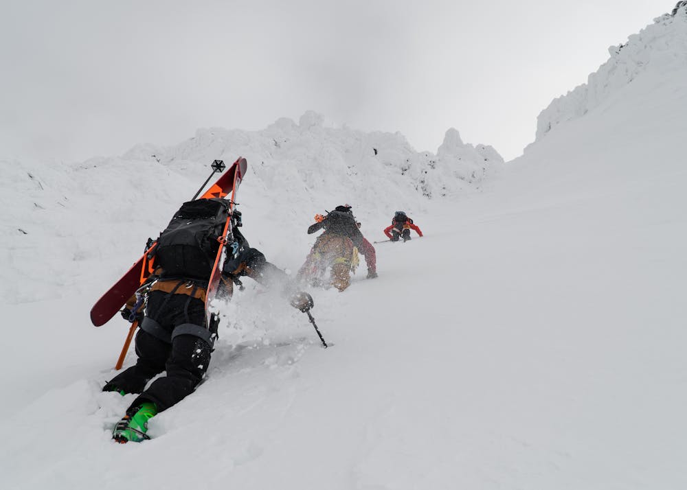 The crew, booting up the Avalanche NW Couloir