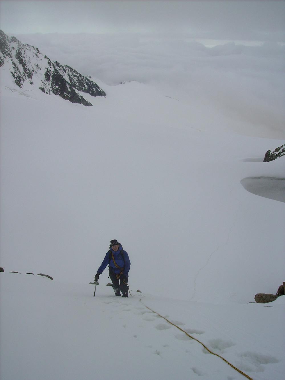 On the snow slope that leads from the glacier to the Tête Blanche's North-west ridge. 