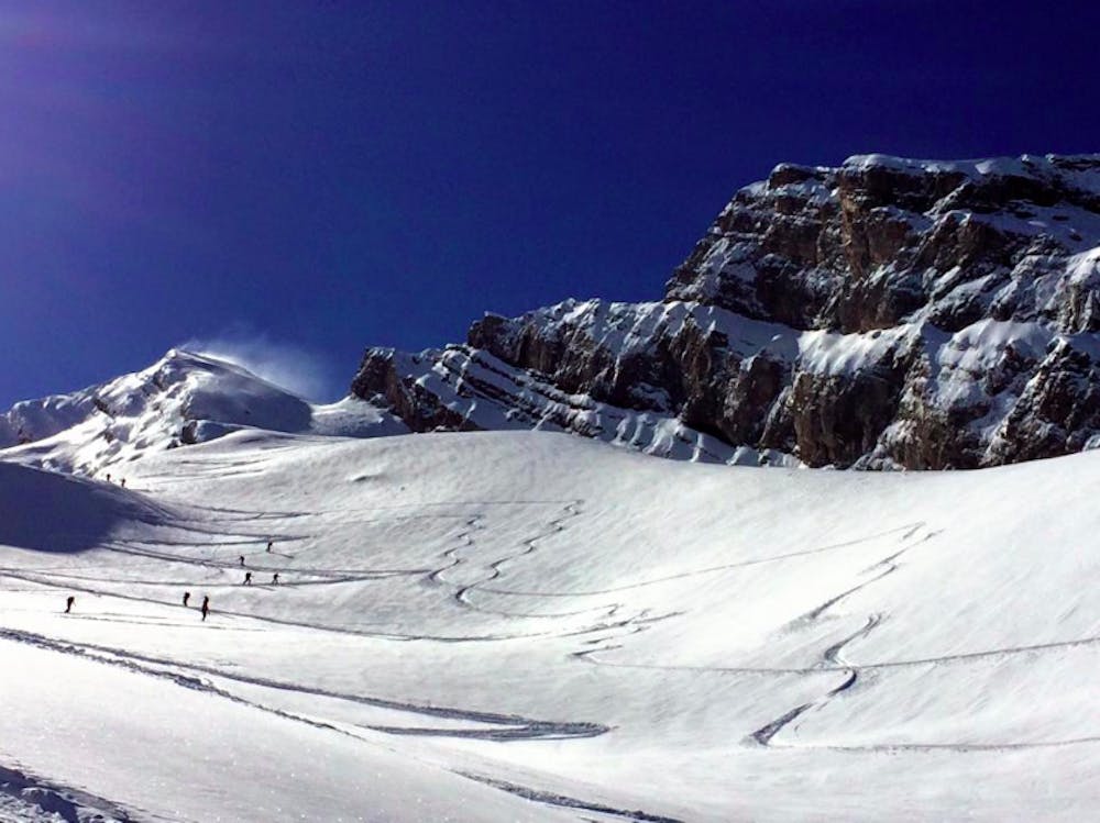 Looking up Bella Cha towards the col which can be accessed by the La Clusaz lift system