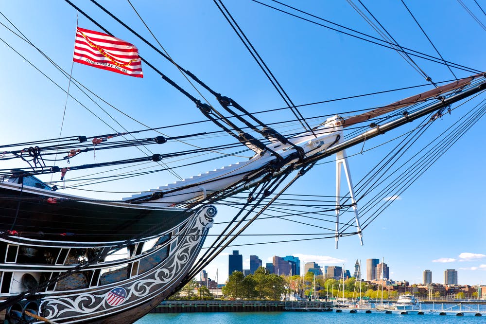 The USS Constitution, with Boston Harbor behind