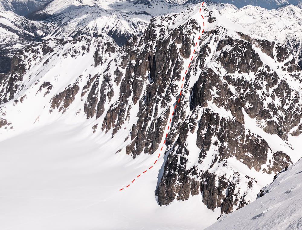 The full Australian Couloir on Mt. Joffre as seen from the summit of Matier.