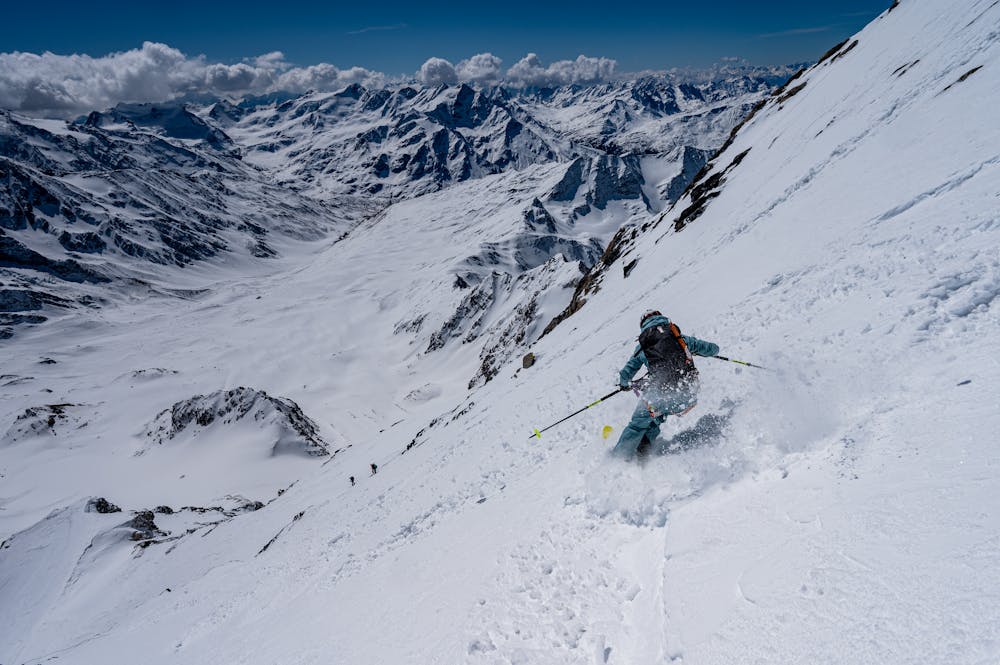 Liv skiing the top South Face of Gran Zebru, view from the other side