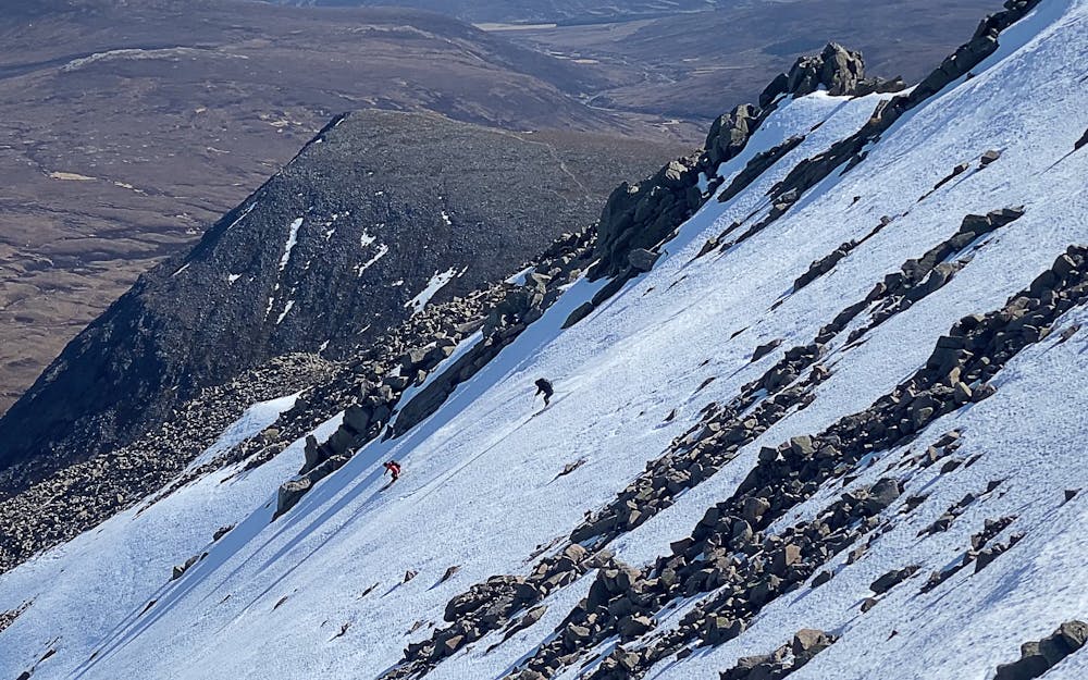 George Treble and Gavin Carruthers skiing Coire an t-Sabhail  off Cairn Toul