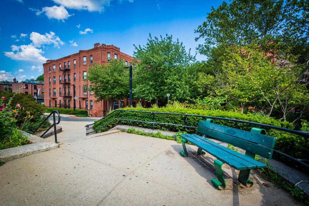 Walkway and bench at Southwest Corridor Park in Back Bay