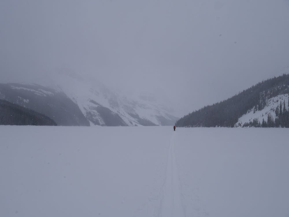 Crossing Peyto Lake on a moody afternoon