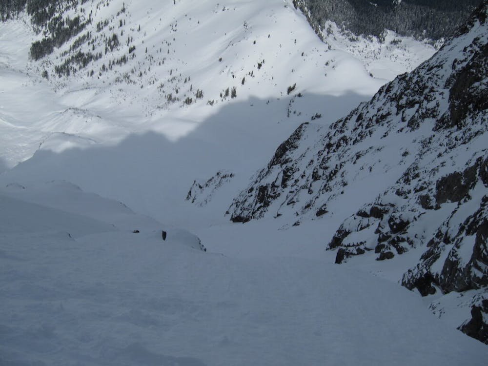 Looking down the steep traverse with the Northwest chute below