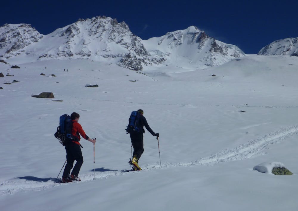 Approaching the Chabod hut with the Gran Paradiso North Face in background.
