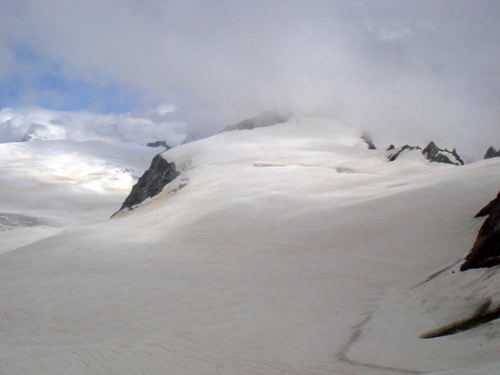 Views from the hut, showing the track on the glacier