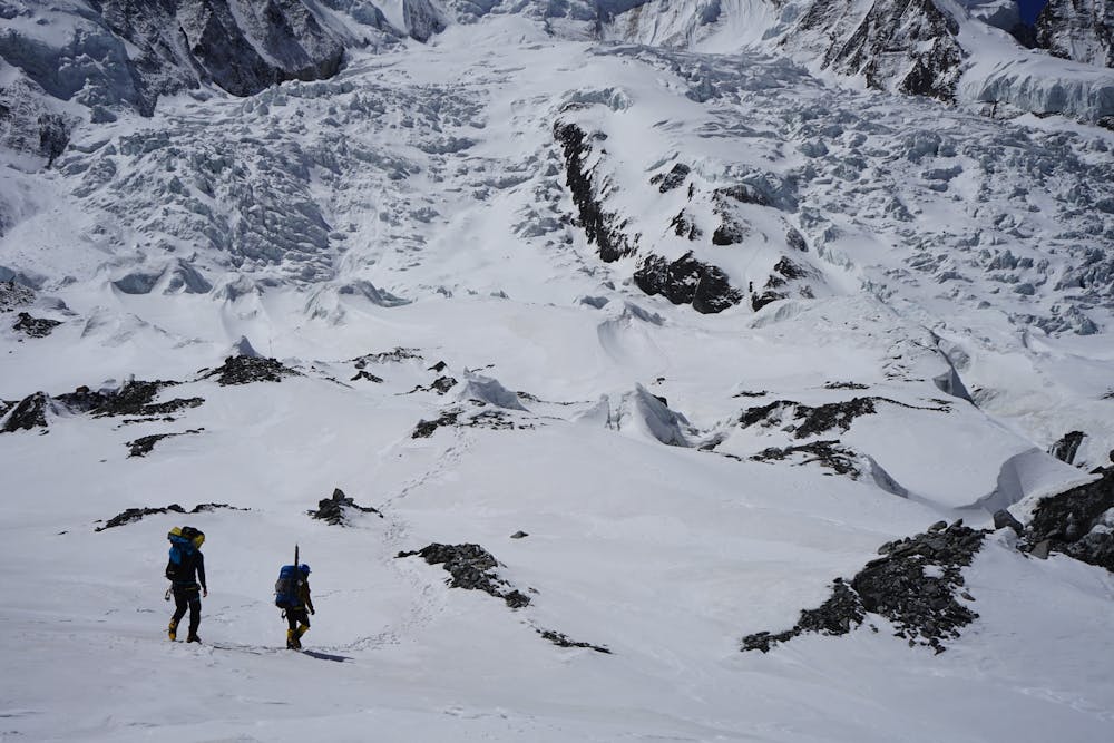 Sonam and Hakon crossing the glacier. What you don't see is the endless amounts of crevasses which are covered with a light coating of snow.