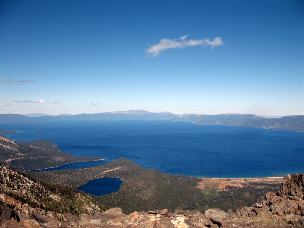 View over Lake Tahoe, Emerald Bay, and Cascade Lake from high on Mount Tallac.