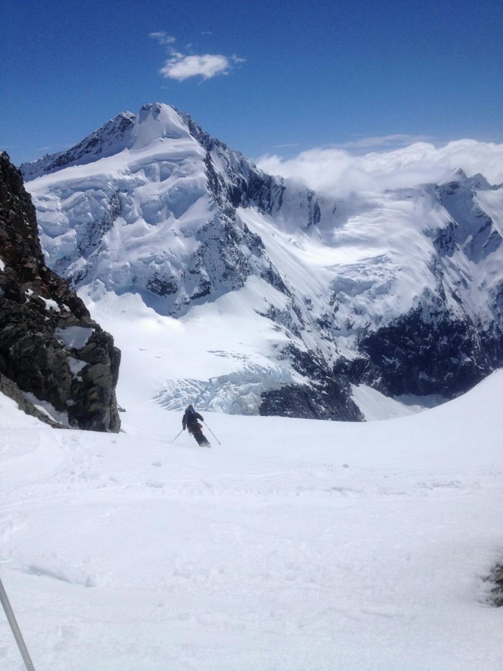 Skiing down the Joie de Vivre Glacier