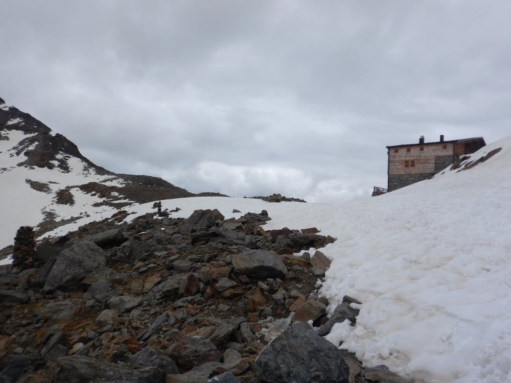 The Martin Busch Hut looking appealing on a grey day.