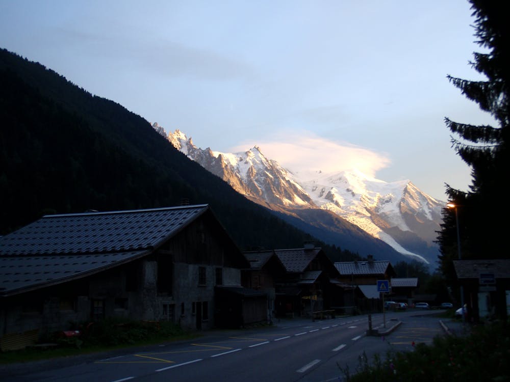 Gorgeous evening light on Mont Blanc as seen from Les Grassonnets on the ride back to Chamonix.