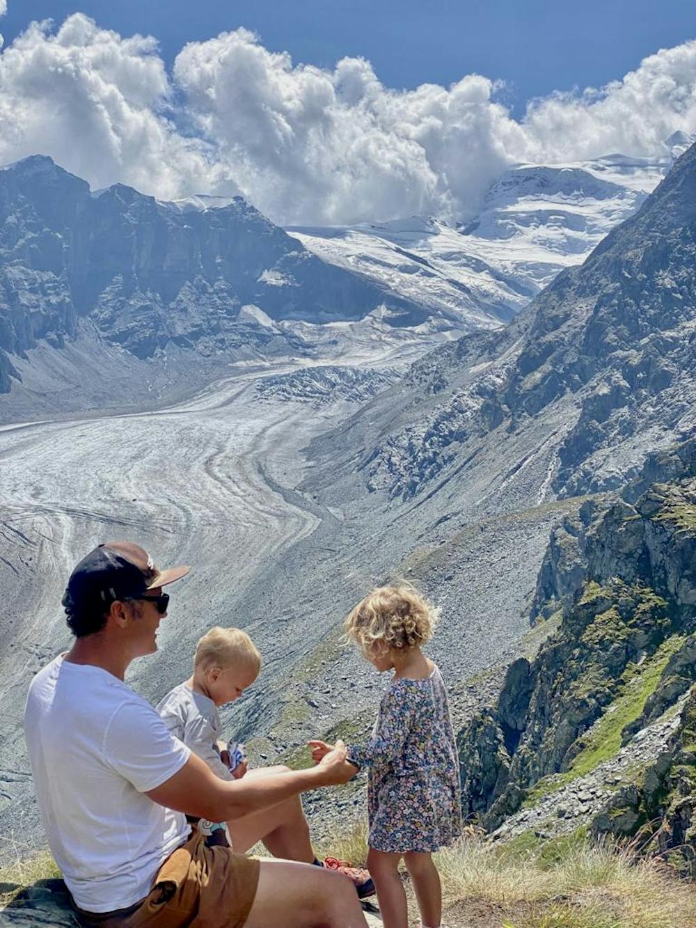 Xavier De Le Rue with his daughters looking over the Glacier de Corbassière