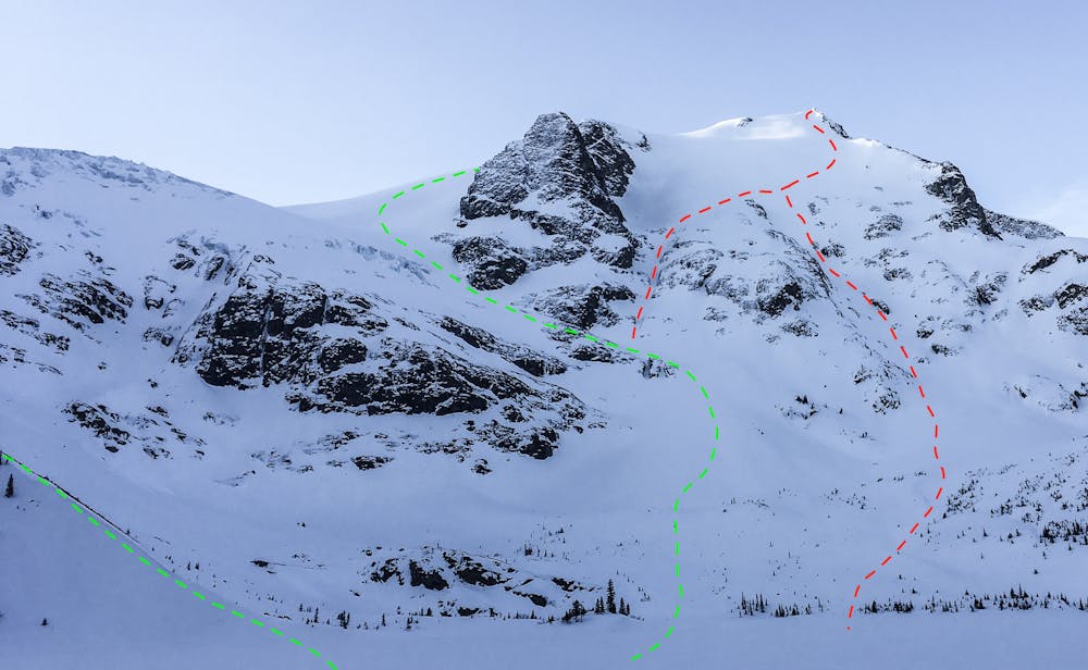 Route lines showing ascent and descent variations for the Stonecrop Face of Mt. Slalok.