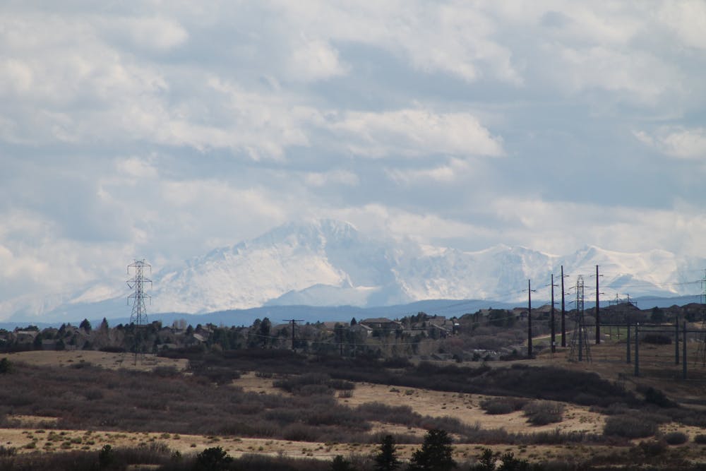 Colorado mountain peaks from Bluffs Regional Park
