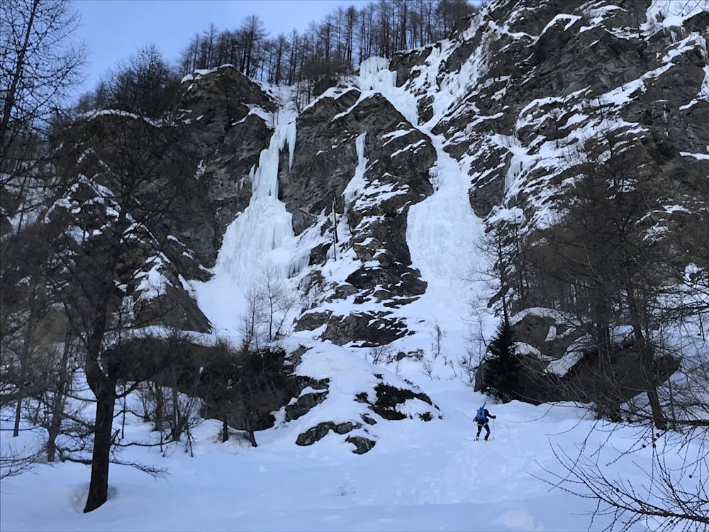 Steep ground below the Ollomont icefalls