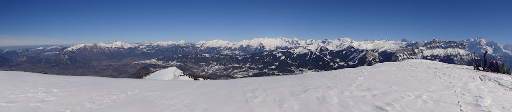 Epic views from the summit, with the peaks of the Chablais on the left, the Portes du Soleil in the middle and Mont Blanc reigning supreme on the right.