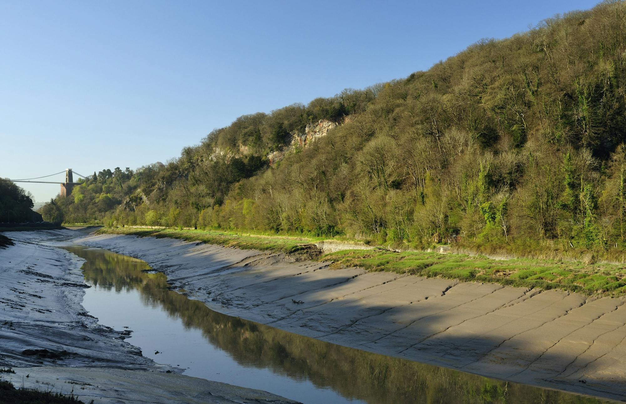 Early morning sun & low water in Avon Gorge with Clifton Suspension Bridge