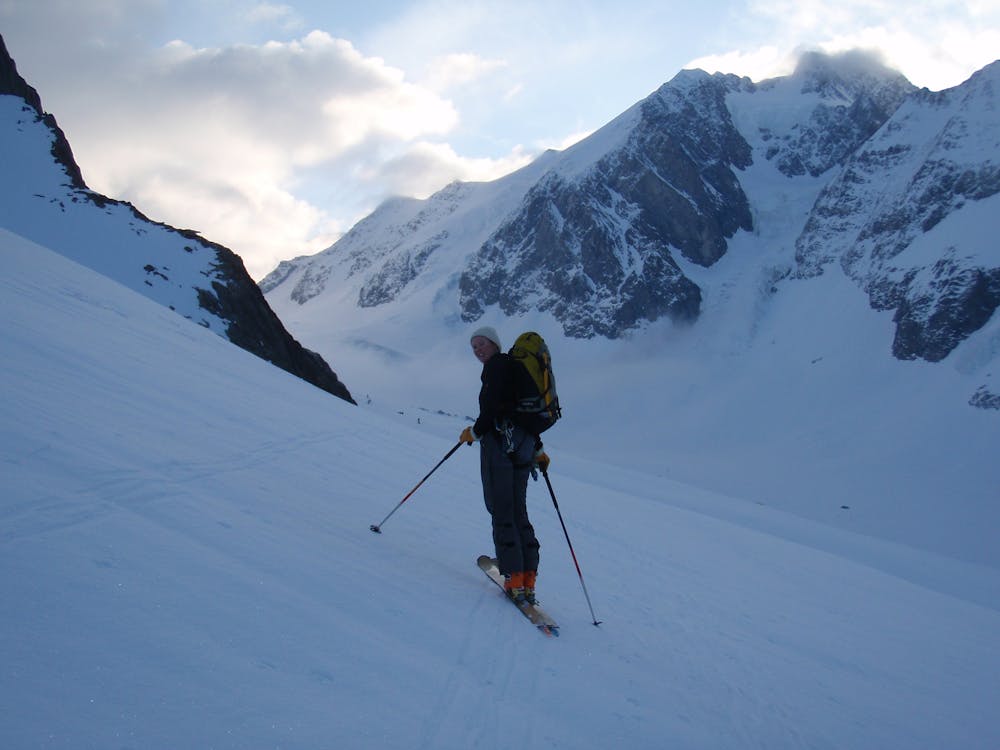 Skinning up the glacier at first light.