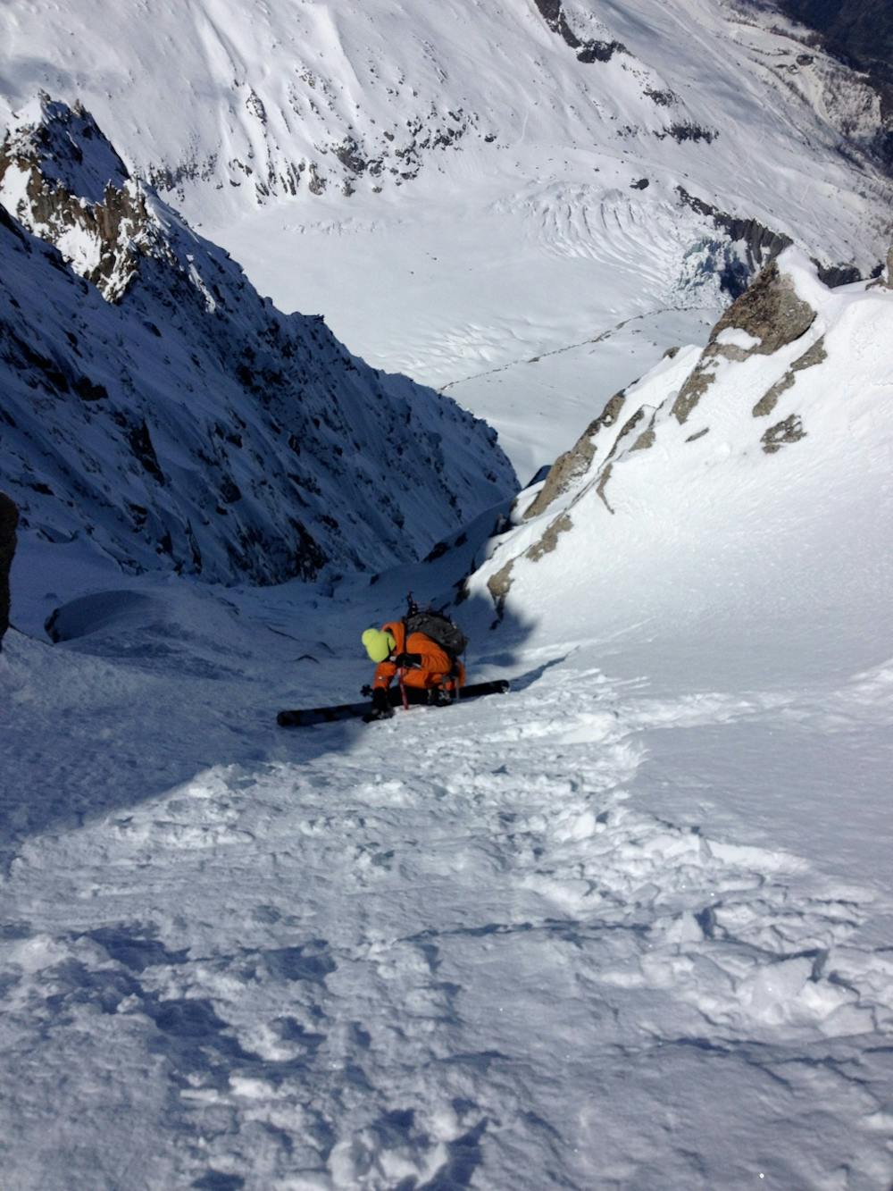 Entering the steep and technical lower couloir shortly after leaving the Col Adams Reilly.