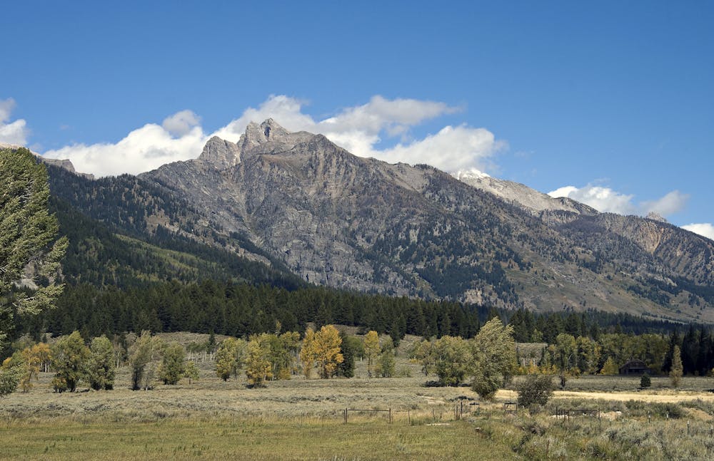 Static Peak (front) and Buck Mountain (immediately behind) with South Teton beyond from the Moose-Wilson Road