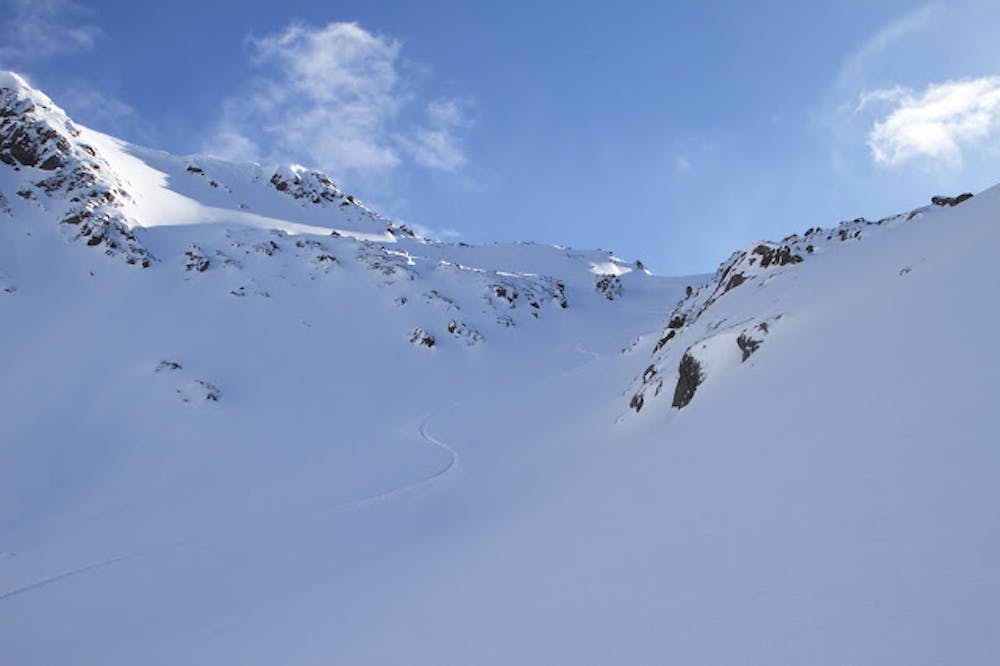 Inviting ascent and descent couloir on the Senjhopen side of the mountain
