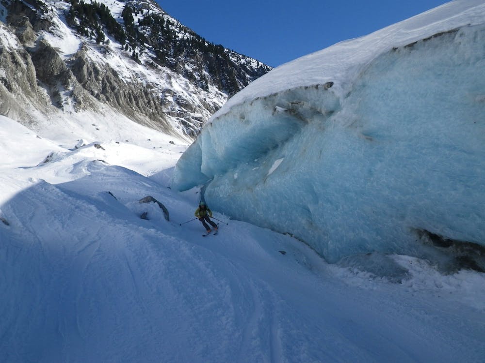 Skiing through some fun ice features on the Mer de Glace.