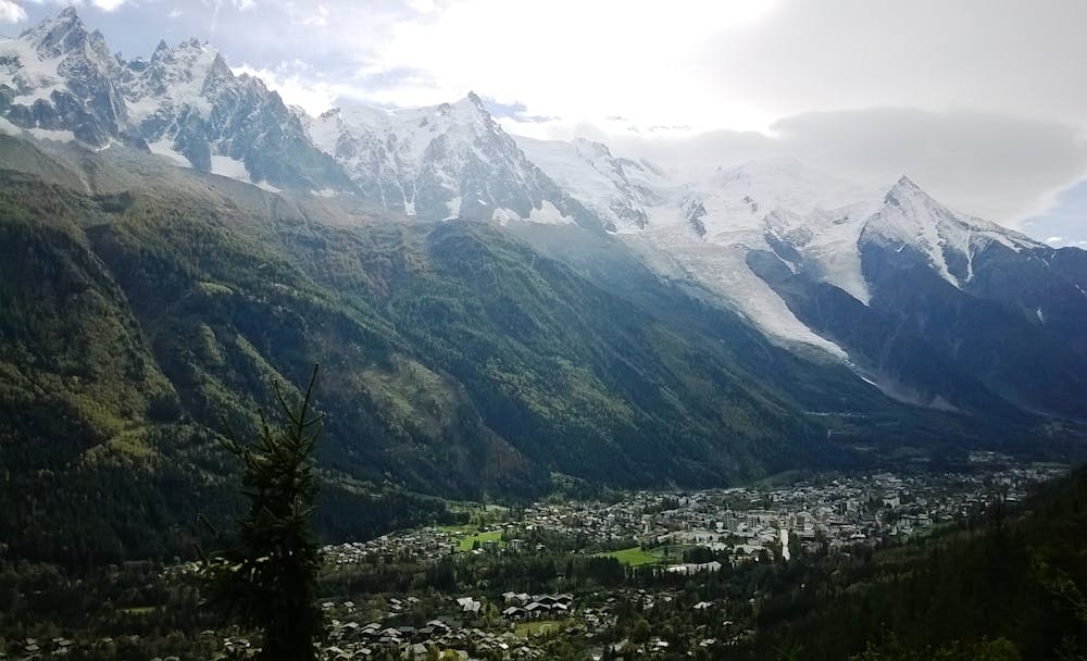 chamonix city center and mont blanc background from chalet la floria