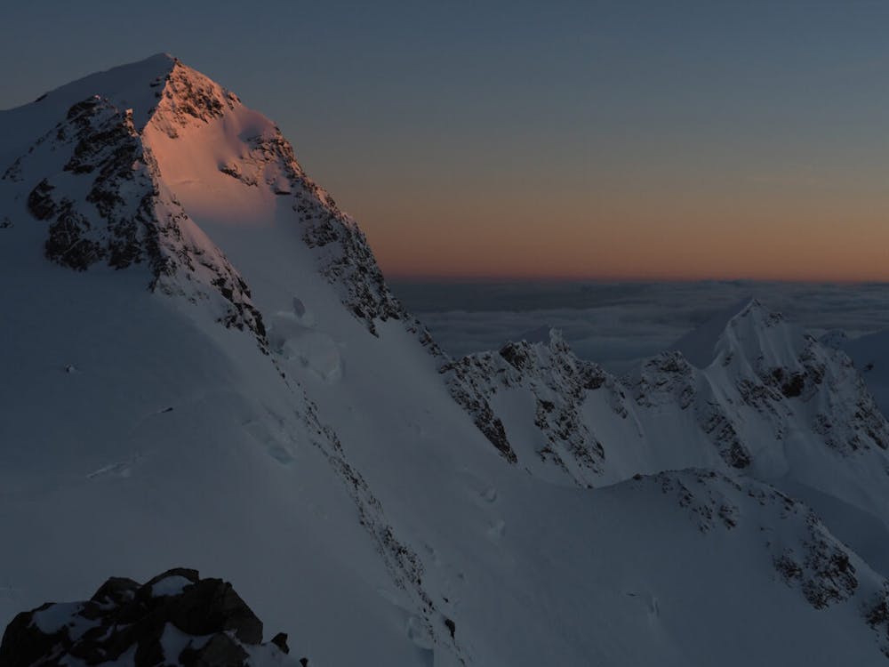 Sunset from the Kelman Hut over Mount Alymer and the Murchison Glacier Headwall