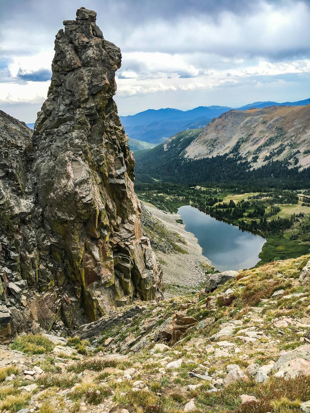The Devils Thumb and lake below, seen from near the Continental Divide