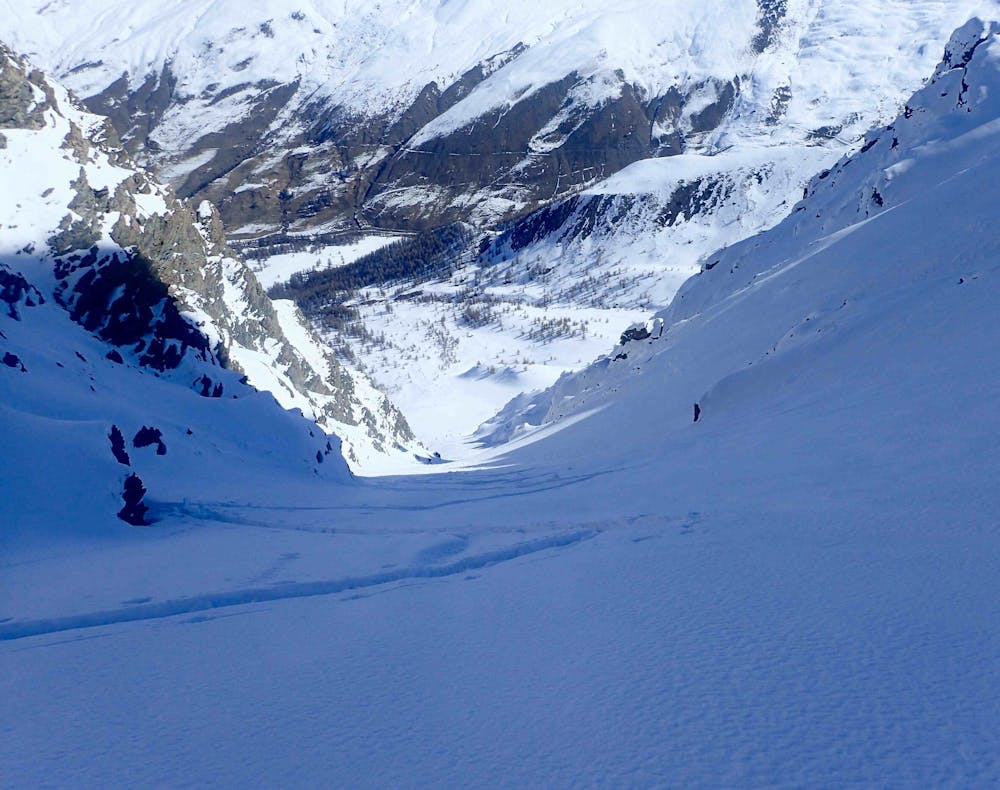 Looking down the couloir