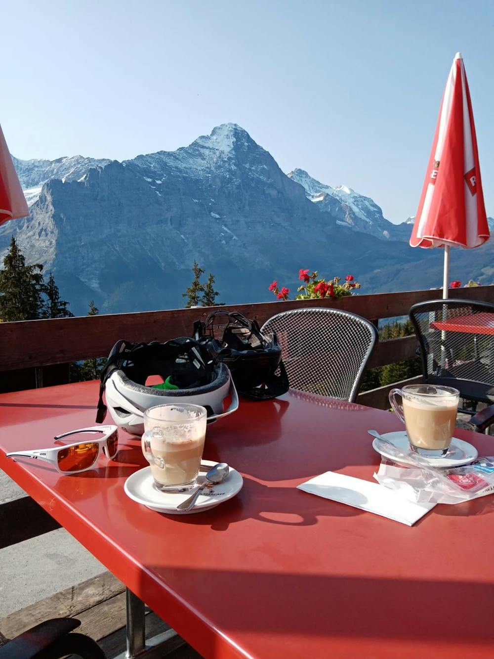 A quick coffee at the Berggasthaus Wildspitz with the Eiger north face dominating the view.