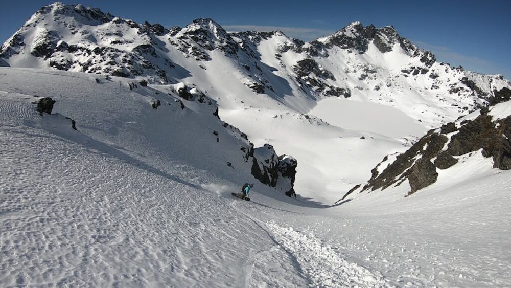 Skiing down the ascent route