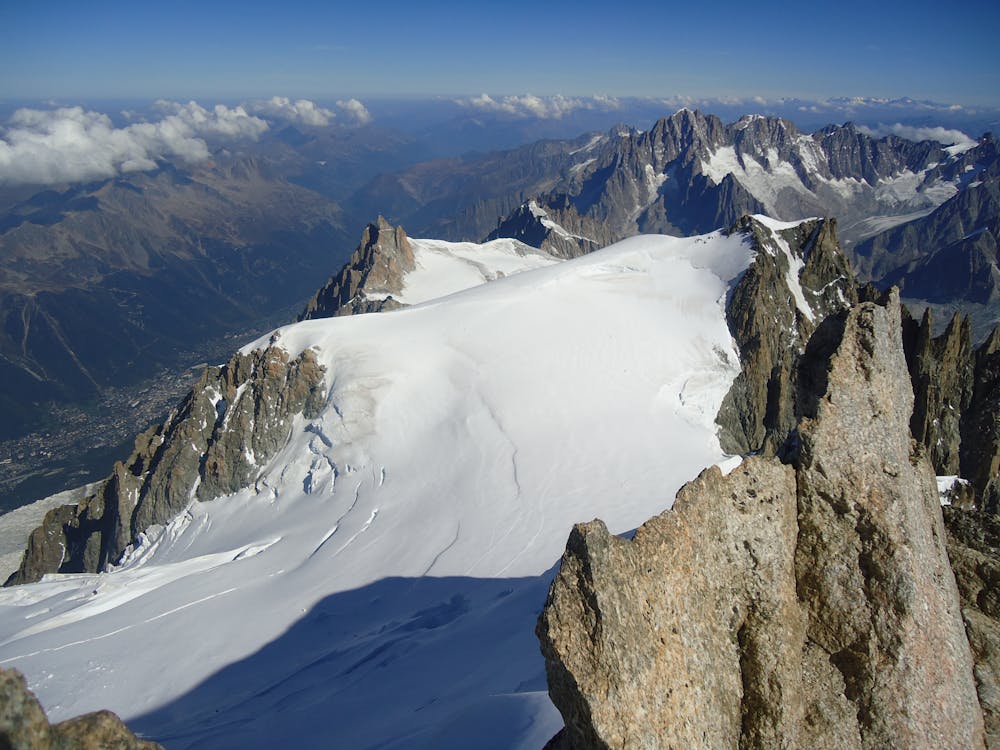 Looking back to the Aiguille du Midi from the summit of Mont Maudit